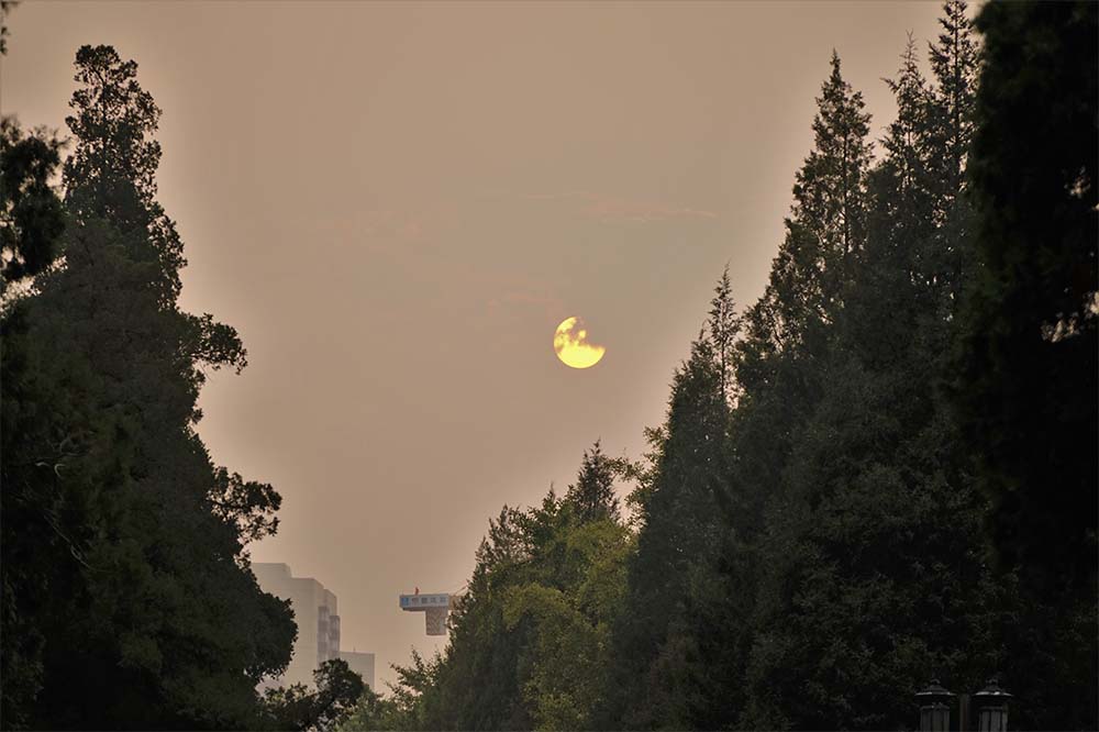 Smog, soumrak, slunce, Peking, Čína